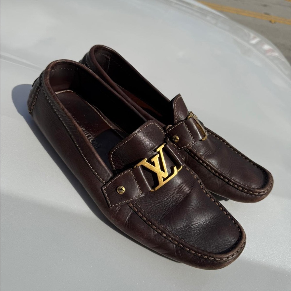 Louis Vuitton Dark Brown Leather Loafers with Gold Accent